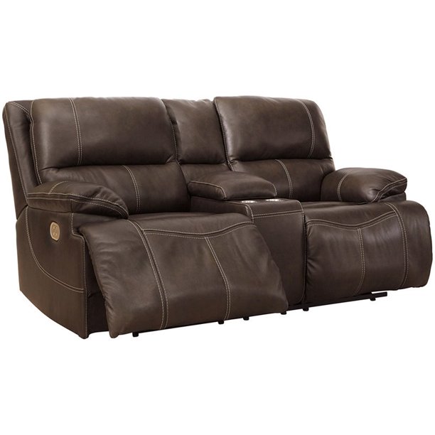 Ashley Furniture Ricmen Leather Power Reclining Loveseat in Walnut