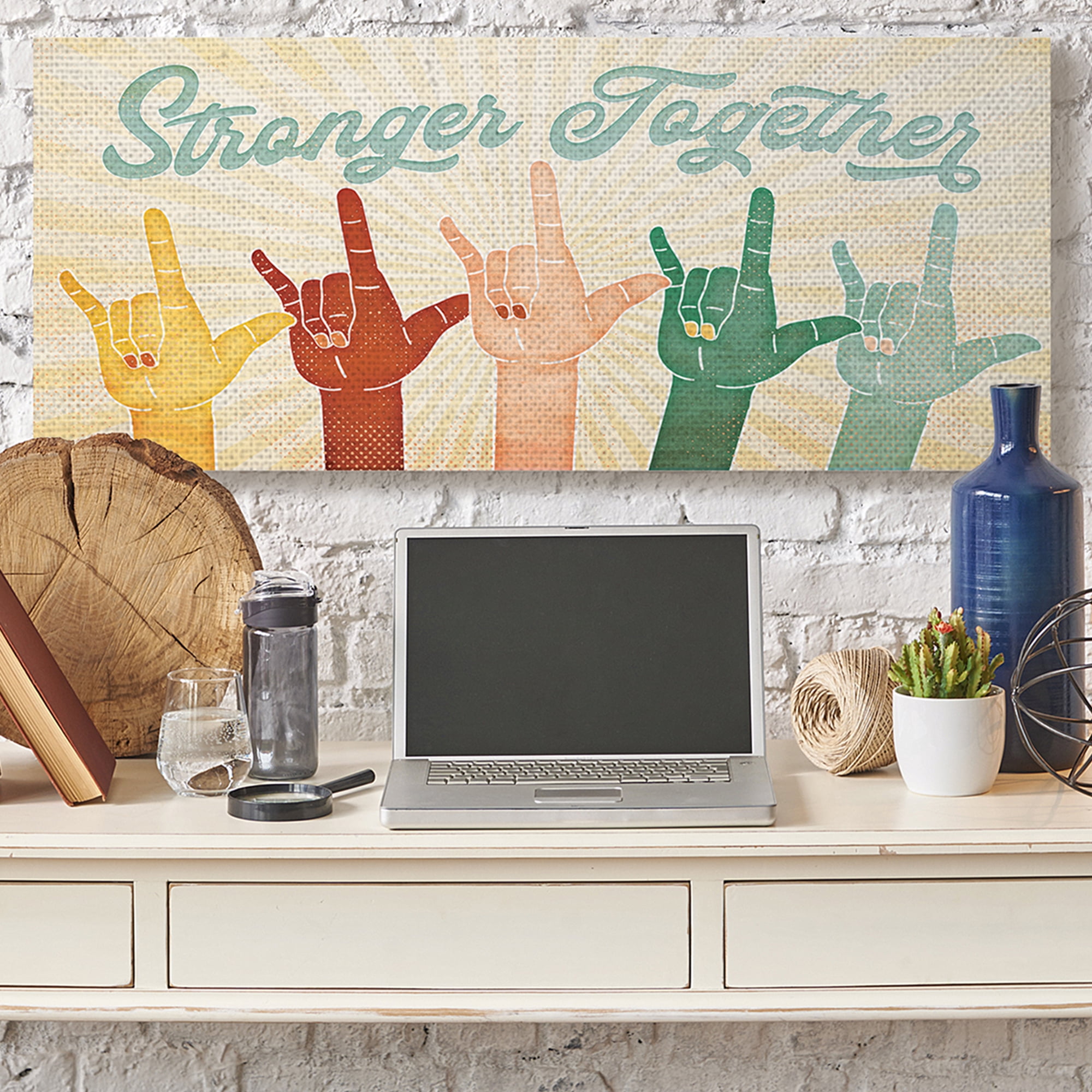 Stupell Industries Stronger Together Phrase Love You Hand Sign Typography Painting Gallery Wrapped Canvas Art Print Wall Art, 20 x 48