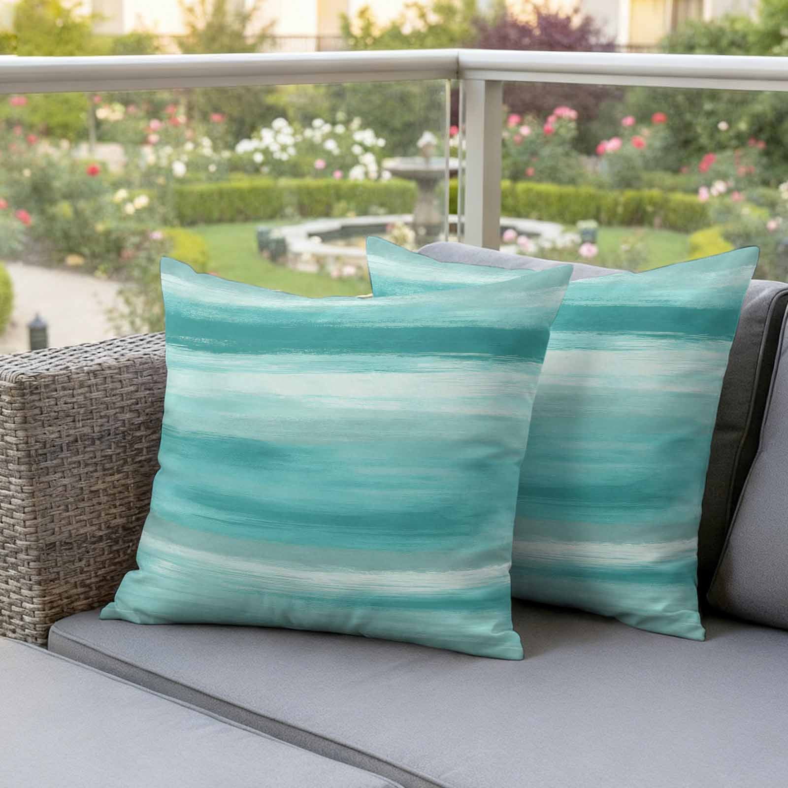 Teal Green Grey Outdoor Waterproof Pillow Covers, Abstract Art Oil Painting Turquoise Ombre Decorative Square Throw Pillowcase Sofa Cushion Sham for Patio/Couch/Chair, 20"x20" 2 Pack
