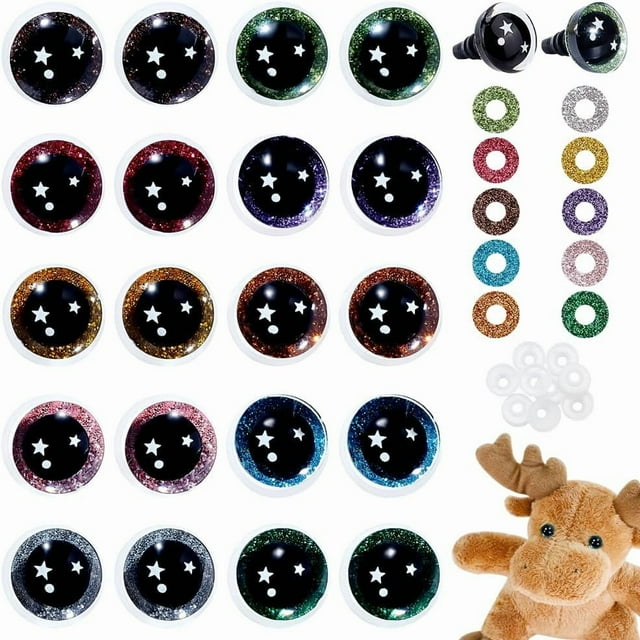 30 pares de ojos de seguridad en forma de estrella para crochet, 10 colores, 16 mm, ojos de resina con purpurina 3D para manualidades, ojos para amigurumi con arandelas, ojos de plástico para crochet