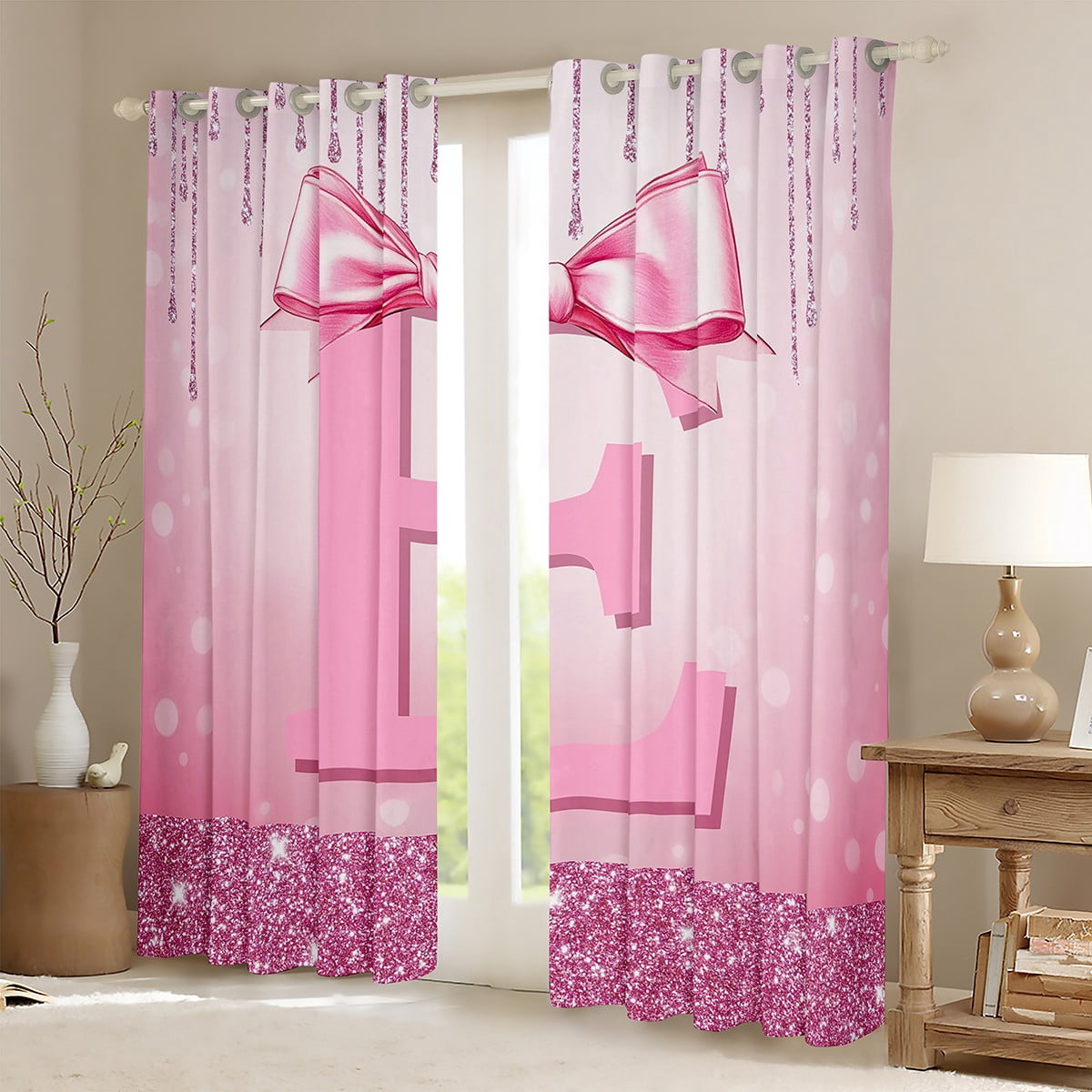 jejeloiu Monogrammed E Curtains Pack of 2 (42x84 Each),Cute Girls Bowtie Curtains Blackout,Pink Glitter Print Bedroom Curtains For Child,Microfiber Room Decorative