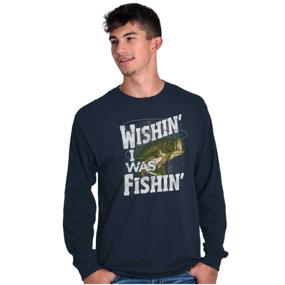Wishing I was Fishing Largemouth Bass Plus Size Long Sleeve Graphic Tee Shirt Brisco Brands 2X
