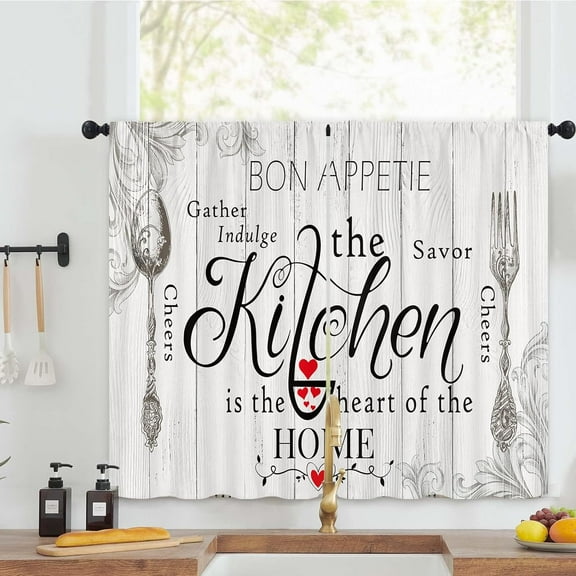 Farmhouse Rustic Kitchen Curtains 27.5W x 39L Inch Barn Vintage Retro Country Wooden Wood Plank Fork Spoon Rod Pocket Short Cafe Small Bathroom Window Treatment Drapes Decor 2 Panels