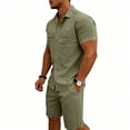 thumbnail image 5 of Eryao Big and Tall Men Casual Summer Outfits 2 Piece Sets Button Down Short Sleeve Blouses and Elastic Waist Shorts with Pockets Loose Breathable Loungewear,Army Green,S, 5 of 9