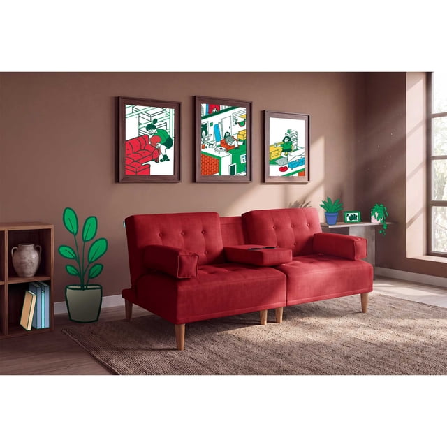 Sofá Cama De Lino Rojo Modelo Queen Makora Con Portavasos