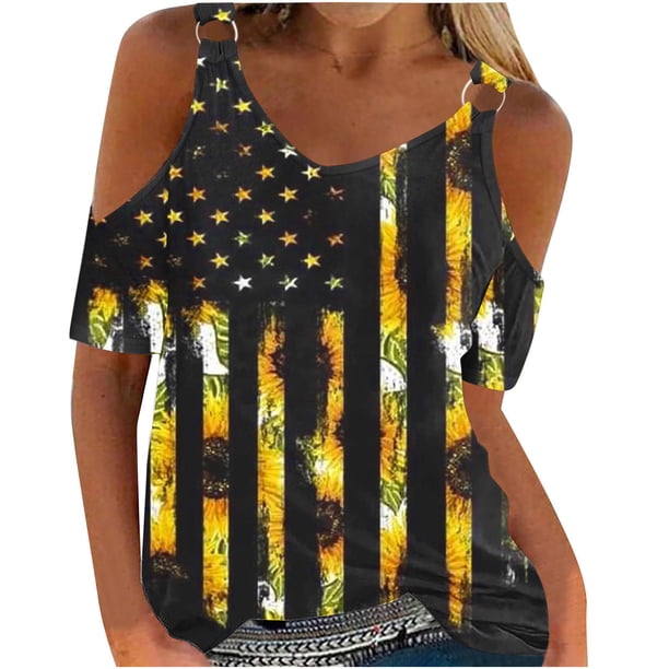 Fiudx Ofertas de La Semana Camisa de Cuello Redondo de Manga Corta con Hombros Descubiertos y Estampado Informal a La Moda para Mujer