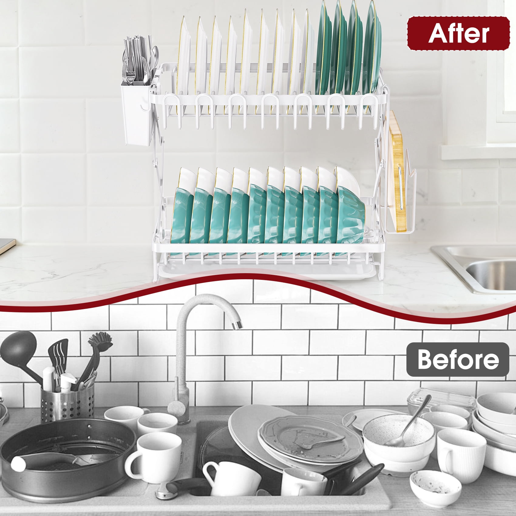 Glovv 2-Tier Large Dish Racks for Kitchen Counter, Space Saving Collapsible Dish Drying Rack, Dish Drainer Sink Organizer with Utensil Holder for Dishes, Spoons and Forks, White