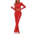 thumbnail image 4 of Conjuntos de lounge para mujeres INSPIRE CHIC, top corto de manga larga, pantalones de campana con pliegue, pijama casual de 2 piezas, XS, rojo, 4 of 5