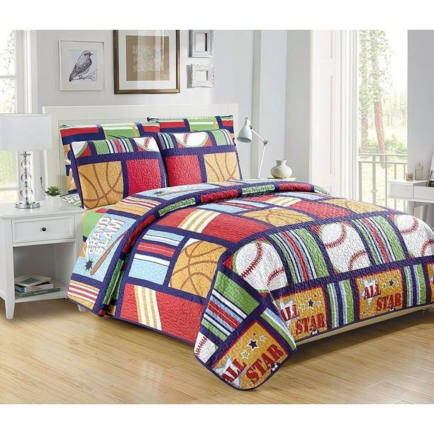 Fancy Linen 7pc Boys Full Queen Size Sport Green Blue Bedspread Quilt Set New Walmart Com Walmart Com