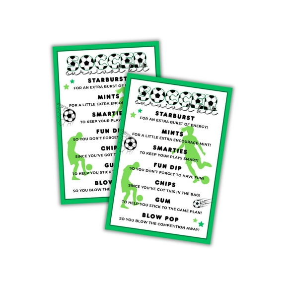 Soccer Team Survival Kit Cards 30pk 4x6 List Tag Labels Emergency Welcome Back Travel Boys Girls Printables for Coaches Ball Players Goodie Bag