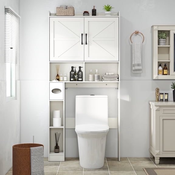 OMOCCUIT Over The Toilet Storage Cabinet with Toilet Paper Holder Stand, Farmhouse Storage Cabinet Over Toilet with Barn Door, Home Space-Saving Toilet Rack with Shelves for Bathroom, Restroom