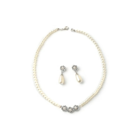 - Silver Crystal 3 Flower White Pearl Center Necklace & Matching Oval White Pearl Dangle Earrings Jewelry Set