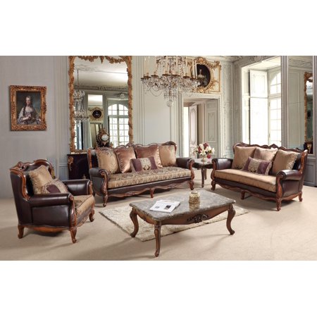Cherry finish Wood Pattern Fabric Sofa Set 3Pc Traditional Cosmos Furniture Anne