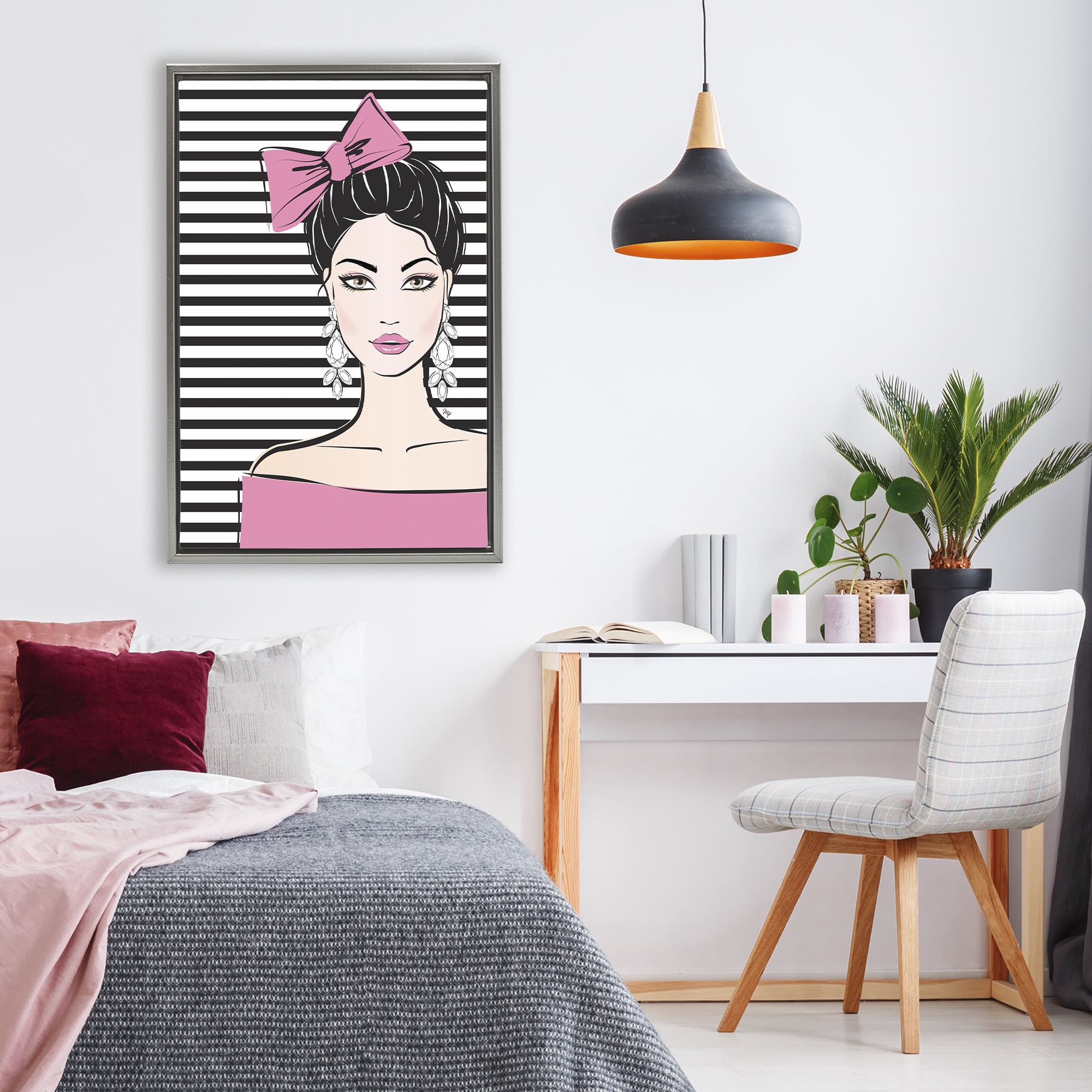 Stupell Industries Girl with Pink Bow & Earrings Gray Framed Floater Canvas Wall Art, design by Martina Pavlova