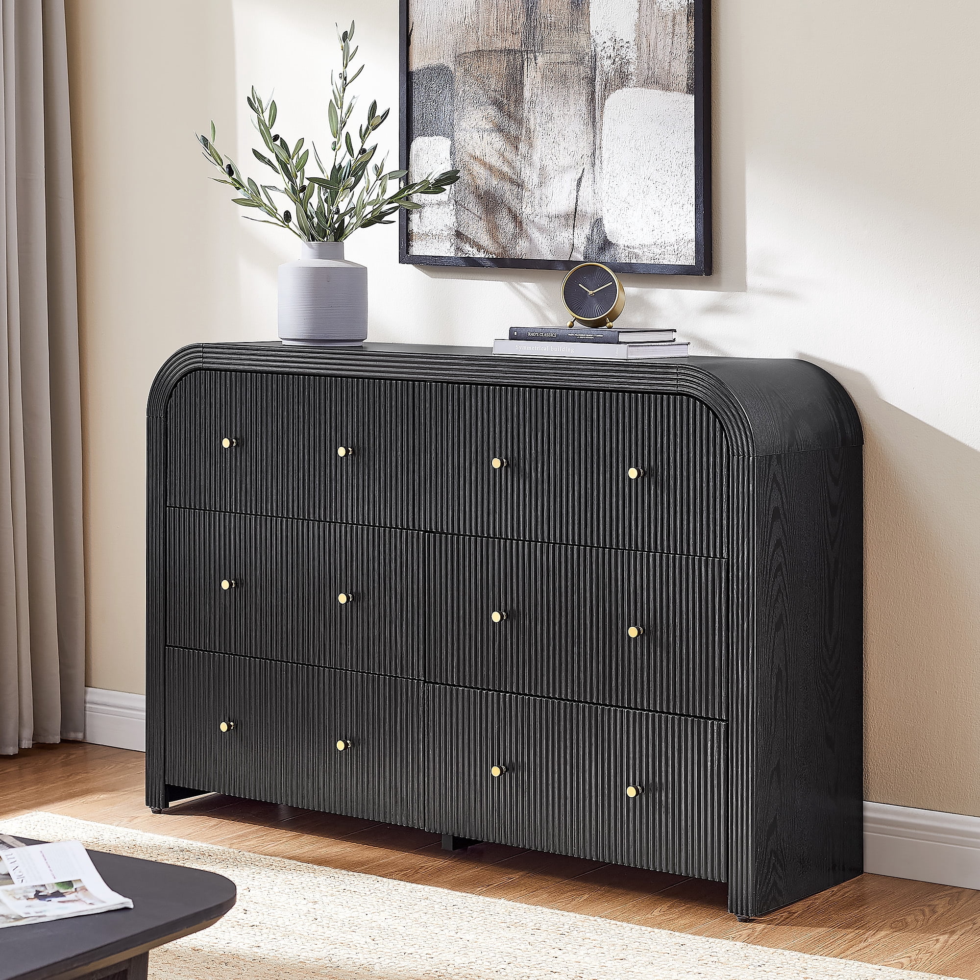 KeyWhat 54" Modern 6-Drawer Dresser, Fluted Chest of Drawers with Curved Profile, Wood Storage Cabinet for Bedroom and Living Room, Black Oak