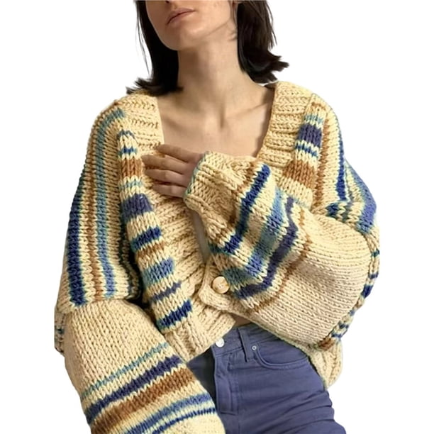 Cárdigan Corto con Bloques de Color para Mujer, Suéter de Larga con Abertura Frontal Color Albaricoque M