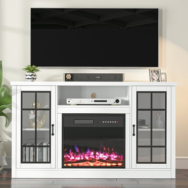 GetYes Modern 59" TV Stand with 23" Electric Fireplace – Stylish White Entertainment Center, 12 Realistic Flame Colors & Efficient Heating