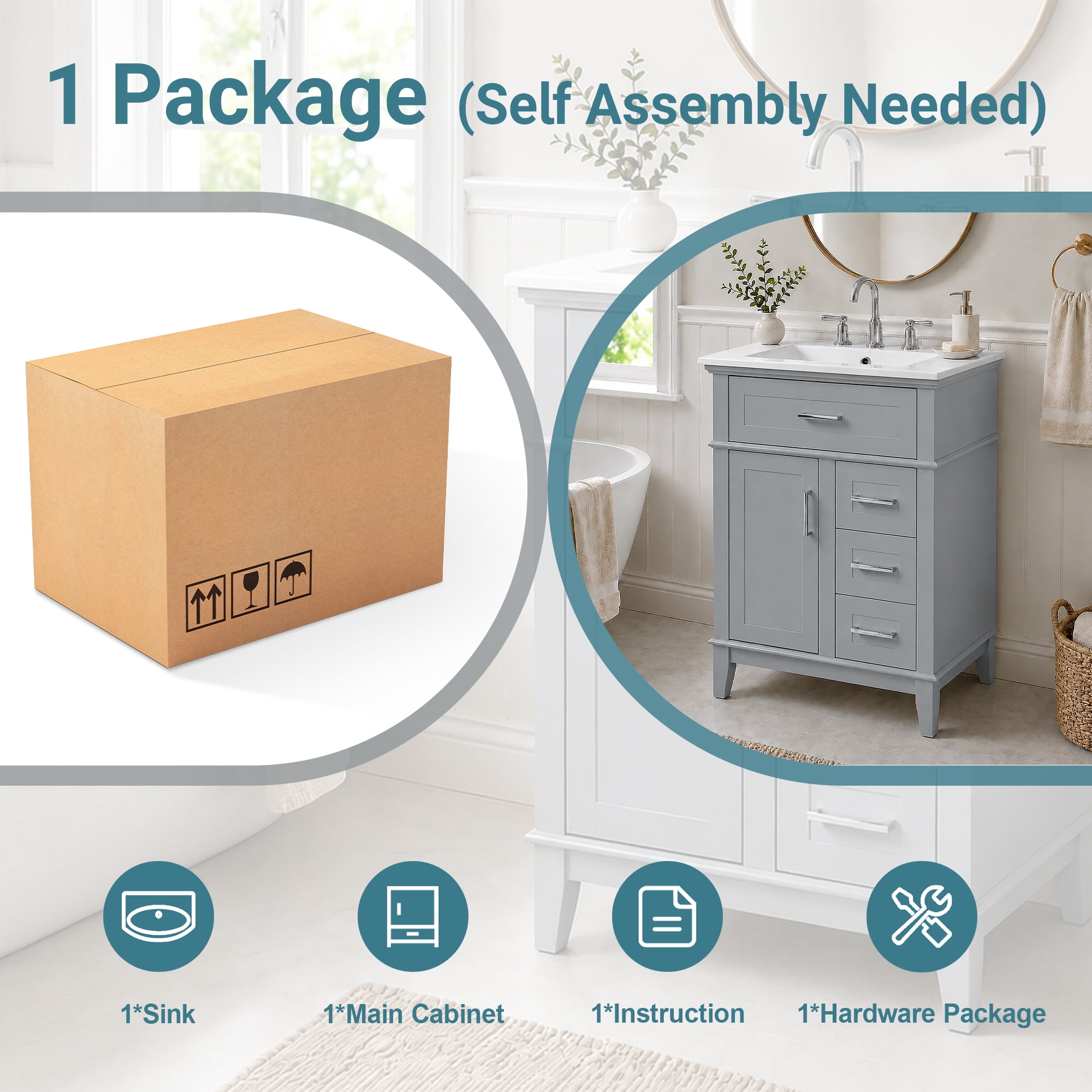 GARITIN 24 Inch Bathroom Vanity with Ceramic Sink, Solid Wood Frame & MDF Cabinet, 1 Door, Flip Drawer & 3 Drawers, Soft Close Hinges, Adjustable Shelf, Gray