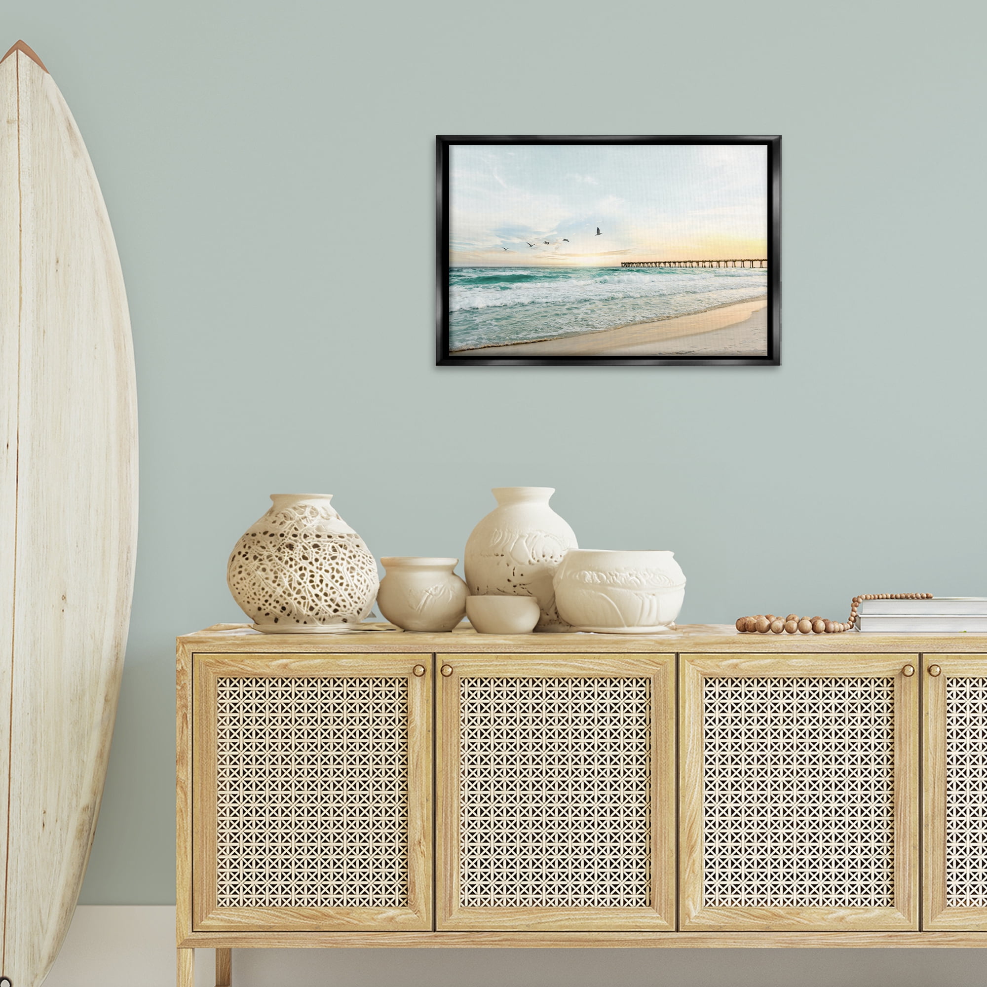 Stupell Industries Birds at Beach Pier Landscape & Nature Photography Black Floater Framed Canvas Art Print Wall Art, 25 x 17