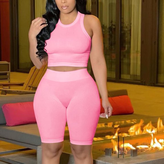 Women Two Piece Workout Outfit Ribbed Sleeveless Cropped Tank Tops Biker Shorts Set High Waist Stretchy Activewear Yoga Set Fall Pullover Sweatsuits XL