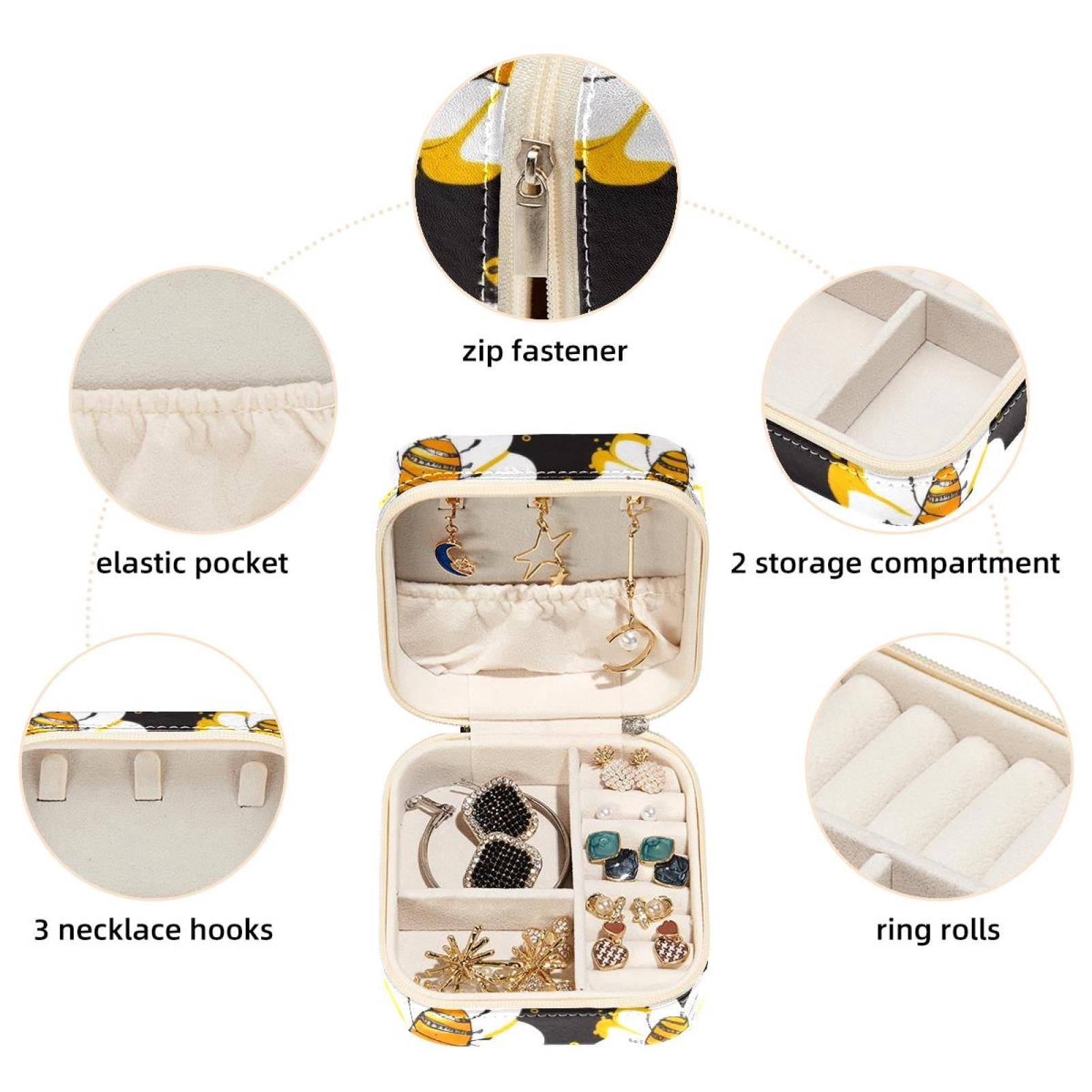 PhooArto Small Jewellery Box, Cartoon Bees Flowers Pattern Portable Travel Mini Jewelry Case for Women Leather Ring Organizer