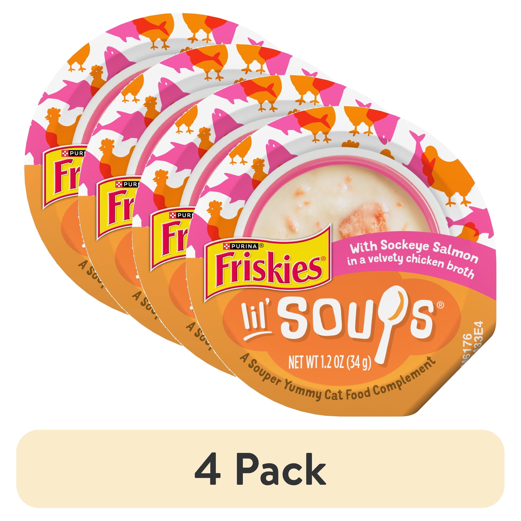 (4 pack) Purina Friskies Grain Free Lickable Cat Food Toppers Lil’ Soups With Sockeye Salmon in Chicken Broth, 1.2 oz Cups