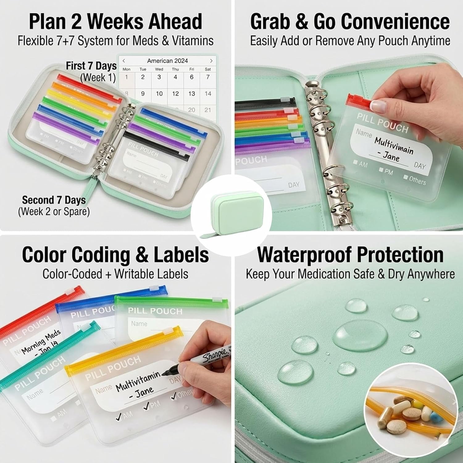 Waterproof Pill Pouch Set-14pcs Bags Inside, A8 Waterproof Pill Organizer Set, Reusable Pill Pouches for Travel, Zippered Pill Pouches for A8 Binder with 14 Color-Coded Bags for Daily Use (2-Green)