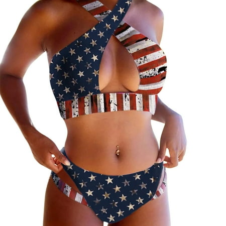2 Piece Swimsuit for Women Flag Print Bikini Set Push Up Padded Bra Forward Crossing Dark Blue Women Bathing Suits XXL