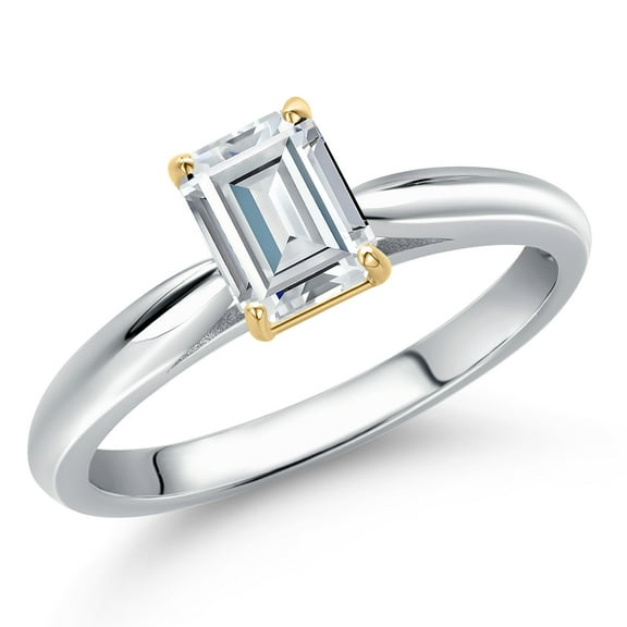 Gem Stone King 925 Silver and 10K Yellow Gold White Moissanite Engagement Ring for Women | 0.57 Cttw | Emerald Cut 6X4MM | Gemstone Birthstone | Size 7
