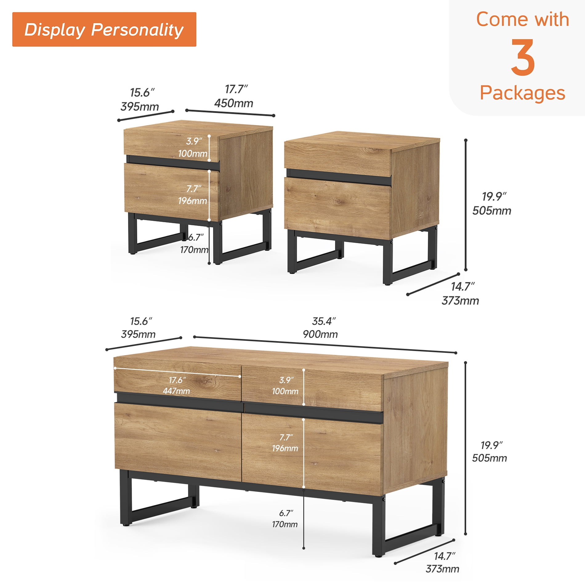 Modern 3-Piece Living Room Set, 35 Inch TV Stand And 2 End Table Sets With 2 Drawers, Media Console with Storage Shelves, Sturdy Wood Frame & Metal Legs, Contemporary Furniture for Living Room,Oak