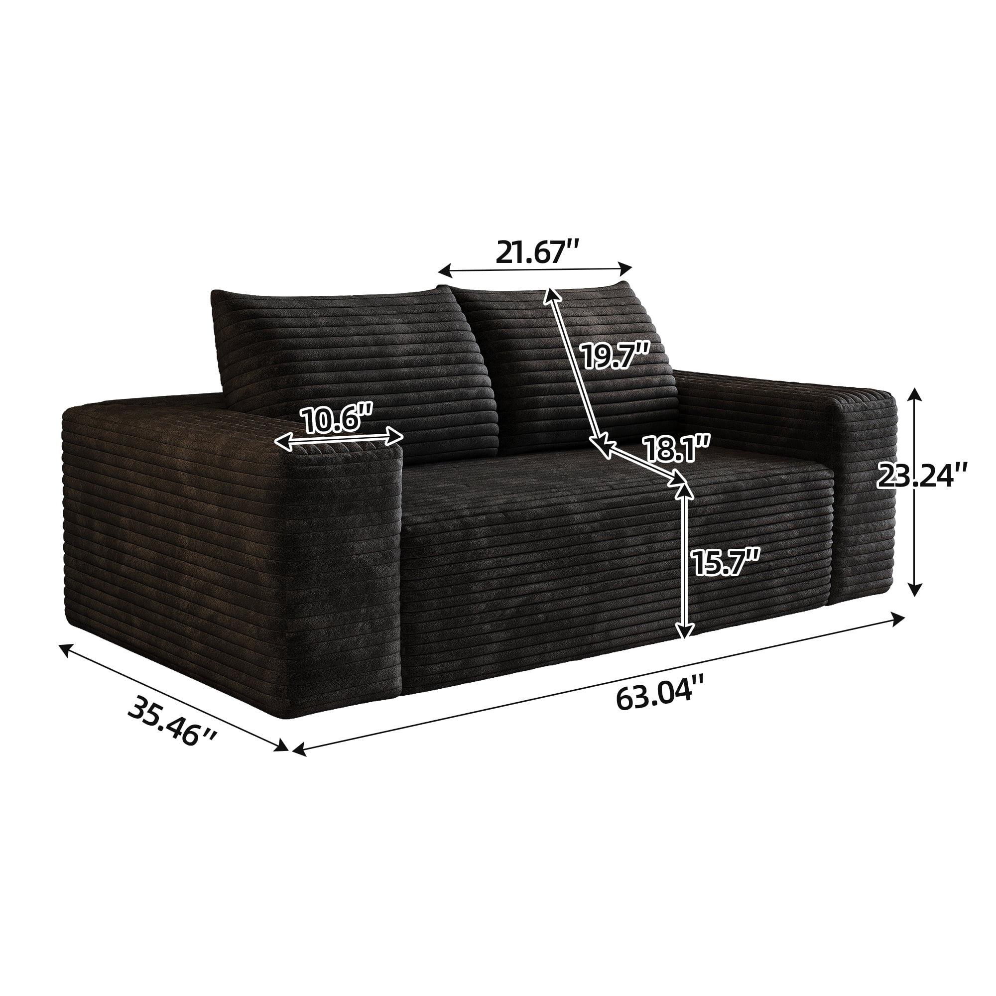 Aukfa 63" 2-Seater Corduroy Sofa, Deep Seat Loveseat Couch with High-Density Foam, No Assembly Comfy Boneless Sofa for Living Room & Apartment, Black