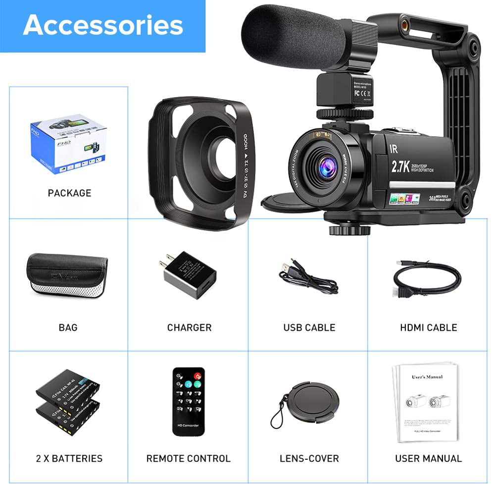 Video Camera Camcorder 2.7K Vlogging Camera for YouTube Ultra HD 24FPS 36 MP IR Night Vision 16X Digital Zoom 3.0 Touch Screen Video Camera with Microphone Handheld Stabilizer Lens Hood 