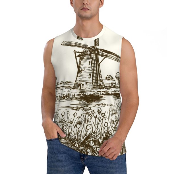 Balery Dutch Windmill Camisetas sin mangas para hombre, absorbe la humedad y protege contra el mal olor.-X-Large