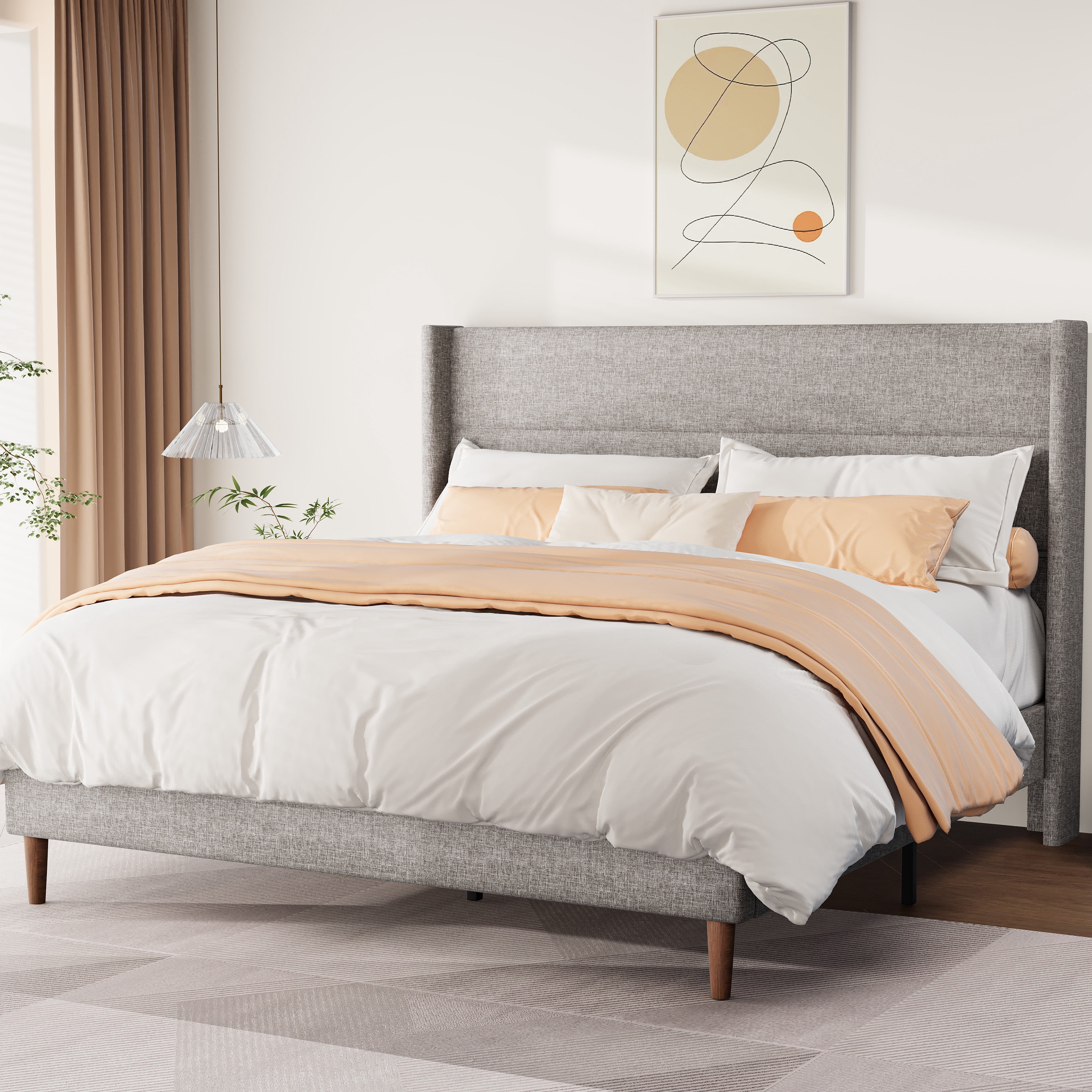 Frostbloom Full Size Platform Bed Frame, Linen Upholstered Wingback Headboard, Beige