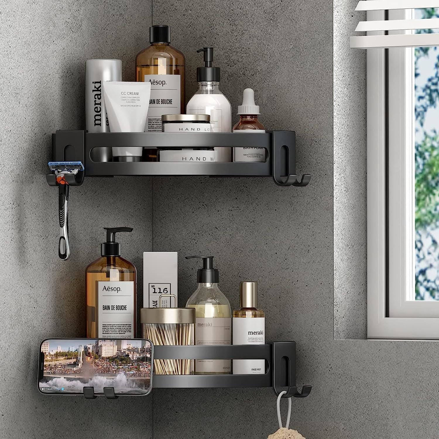 AIBLOM 2-Pack Glass Corner Shower Shelves Shampoo Soap Holder for Inside Shower, Shower Caddy Organizers for Bathroom/Bathtub Wall Corner, Shower