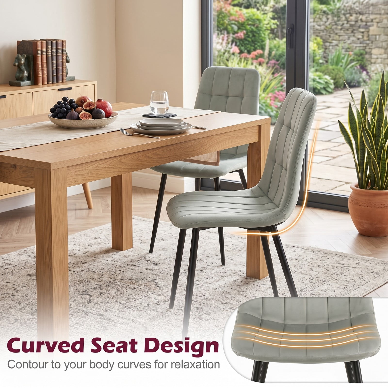 Furnibear Upholstered Fabric Dining Chairs Set of 4, Mid-Century Modern Kitchen Side Chairs with Curved Backrest, Padded Cushion Seat and Sturdy Metal Legs for, Gray