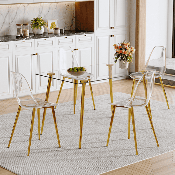 LUFTUT 5-Piece Kitchen Table and Chairs Set for 4, 51" Tempered Glass Dining Table with Metal Legs, 4 Clear Acrylic Chairs, Space-Saving Modern Apartment/Breakfast Nook Set, Easy Clean