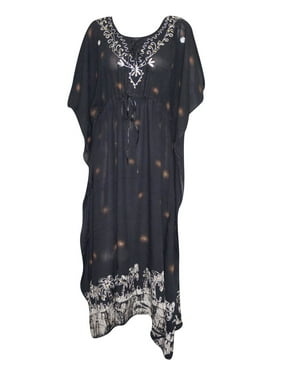 Mogul Women Maxi Caftan Dress Black Solid Embroidered Kimono Beach Wear Kaftan