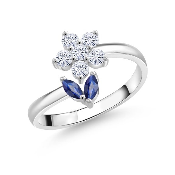 Gem Stone King 925 Sterling Silver Blue Sapphire Flower Open Ring for Women | 0.58 Cttw | Gemstone September Birthstone | Wedding Engagement Anniversary Promise Ring for Women | Size 6