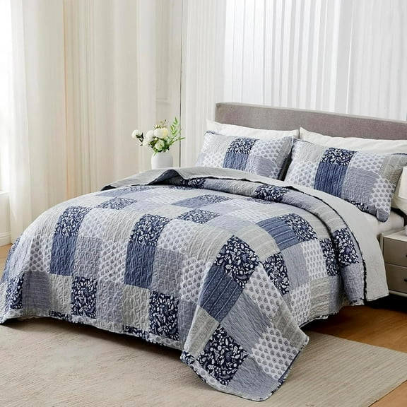 Oversized Size Quilt Set - Navy Blue Grey Plaid Patchwork, Reversible Lightweight Bed Cover Comforter Set