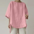 thumbnail image 2 of Womens Summer Cotton Linen Shirts 3/4 Sleeve Solid Color Loose Casual T Shirts Hi-lo Hem Basic Tunic Tops Blouses, 2 of 6