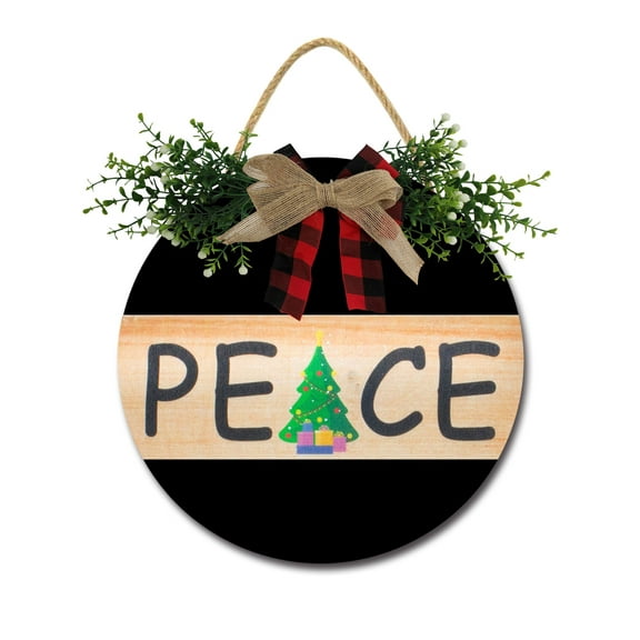 Peace Front Door Sign Funny Wreaths Hanging Wooden Plaque Decoration Round Rustic Wood Farmhouse Porch Decor for Home Front Door Decor, 11 x 11 Inch