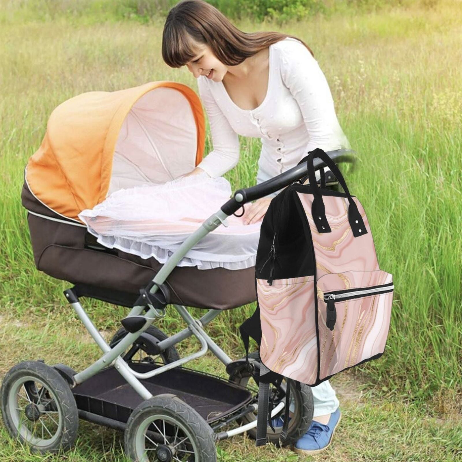 Ratiio Rose Gold Glitter Splatter Mummy Backpack - Waterproof Twill Canvas, Large Capacity Diaper Bag with Multiple Pockets and Adjustable Straps