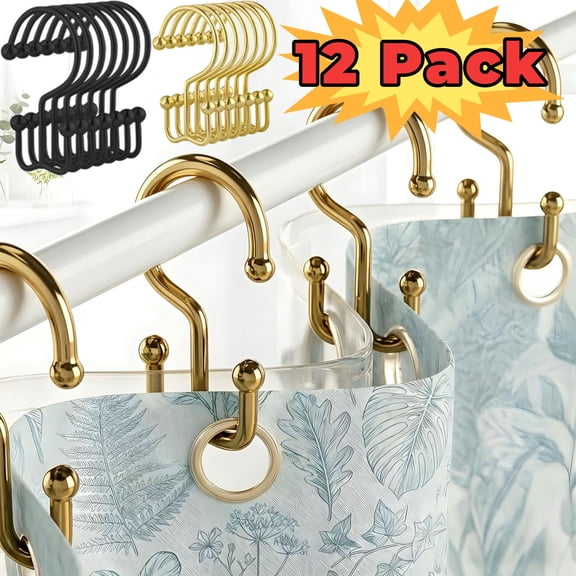 Shower Curtain Hooks, 12 Pack Double Shower Curtain Hooks, Smooth Sliding, Easy to Use, Multi-Functional Rings for Shower Curtain, Gold