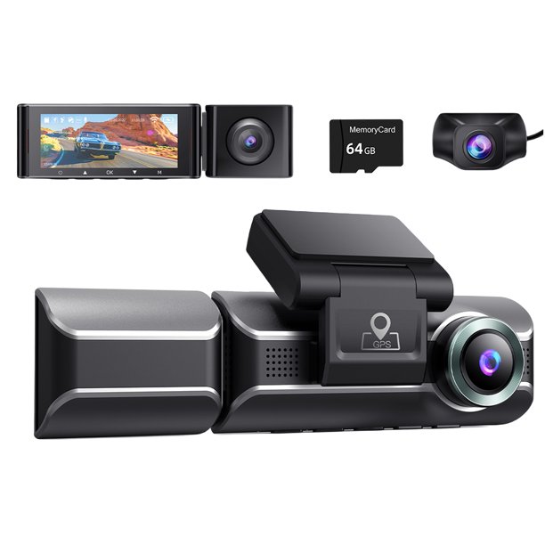 3 canales DVR para coche 4K + 1080P videocámara para coche G-Sensor IR visión nocturna (tarjeta SD 64G)