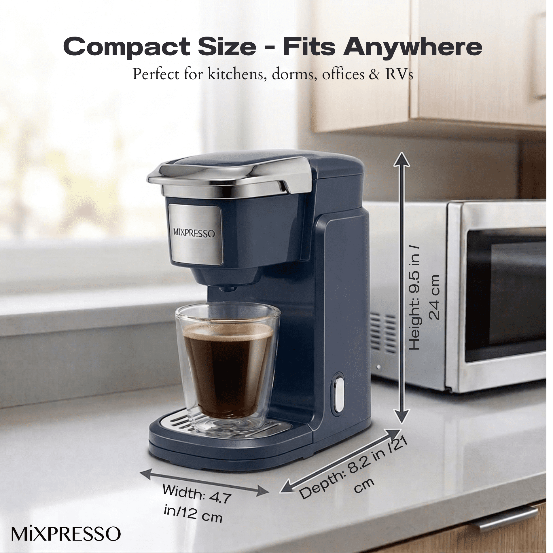 Mixpresso Single Cup Coffee Brewer - Quick Brew, One Touch Function, 12oz One Cup Grey Coffee Maker
