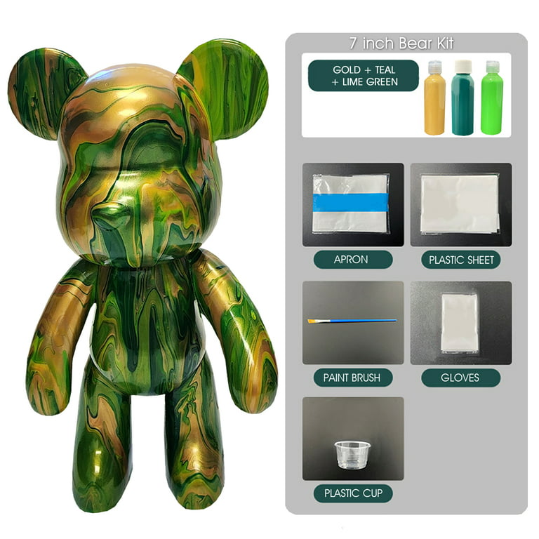 Unisex 7 Easy DIY Create customize Arts n Craft Non-Toxic Pour Over  Acrylic Fluid Paint Bear Kit for boys and girls - Teal-Gold-Lime Green Kit  