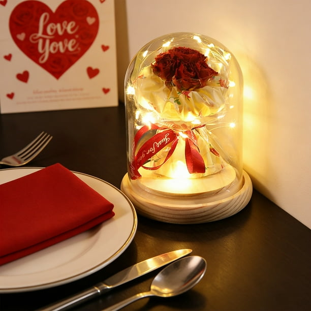 Farol de Ornamentos de Rosas | Cubierta de vidrio de flores secas inmortales | Luz LED romántica | Regalo de San Valentín Duradero | Marrón Blanco | 6,1x3,35 pulgadas | Cinta decorativa
