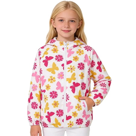 Miaoju Girls Lightweight Hooded Jacket Kids Water-Resistant Windbreaker Printed Jacket Pink 7-8 Years