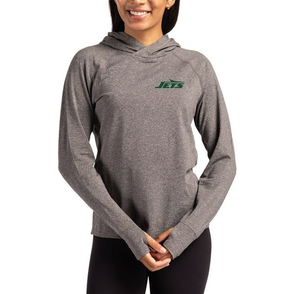 Women's Cutter & Buck Heather Charcoal New York Jets Primary Logo Adapt Knit Recycled Raglan Pullover Hoodie